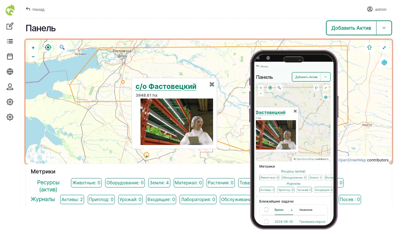 вид панели управления фермерским хозяйством и сельхоз активами